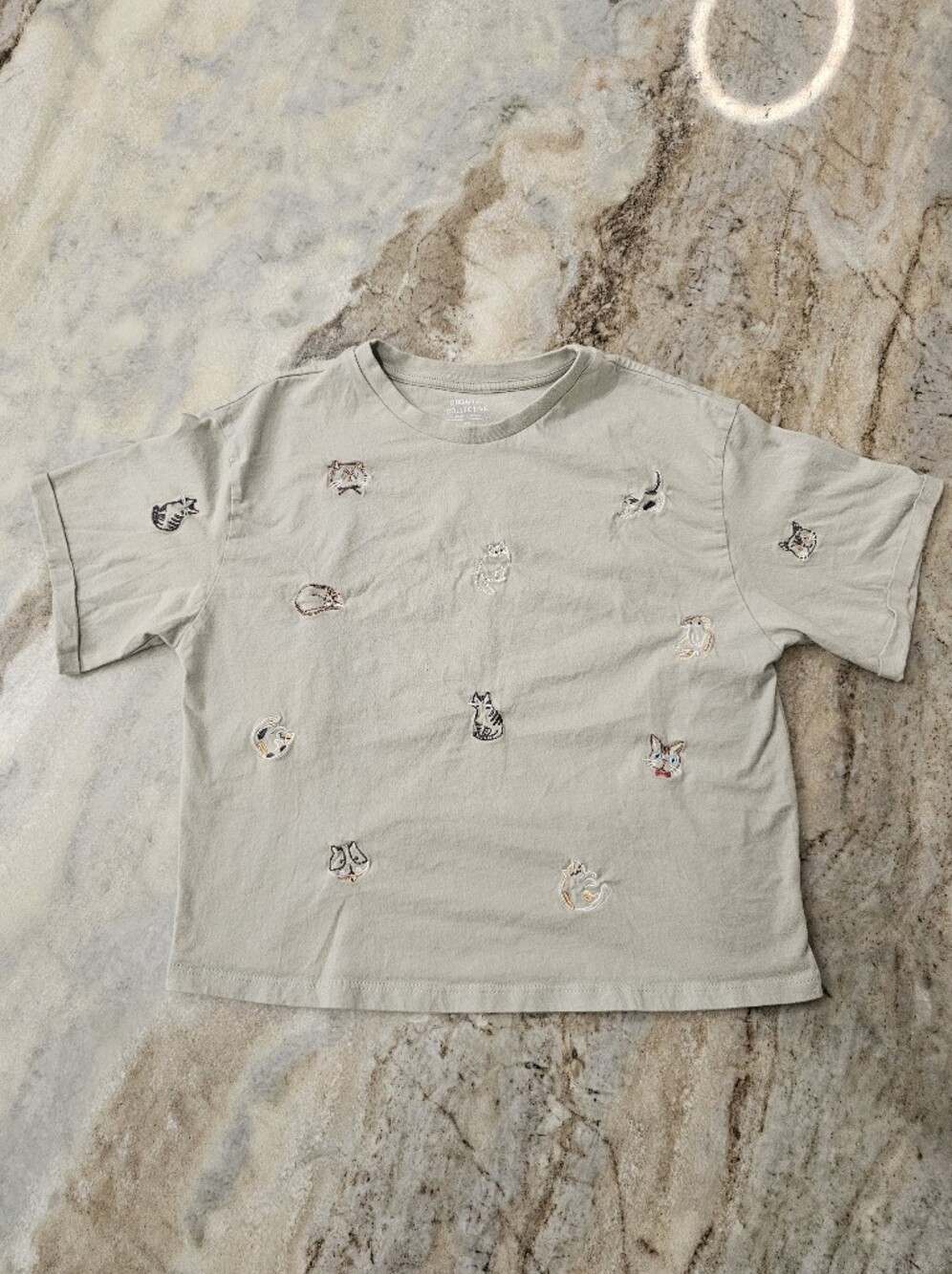 Organic Collective Cat Embroidered Cropped Tee Tan Size Small